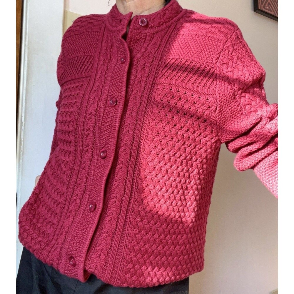 L.L. Bean Cable Knit Cardigan Womens XL Red Chunky Cotton Button Sweater